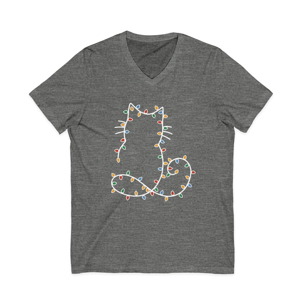 Cat Silhouette Wrapped in Christmas Lights V-Neck Tee