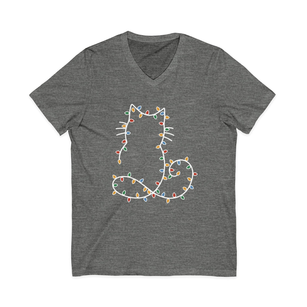 Cat Silhouette Wrapped in Christmas Lights V-Neck Tee