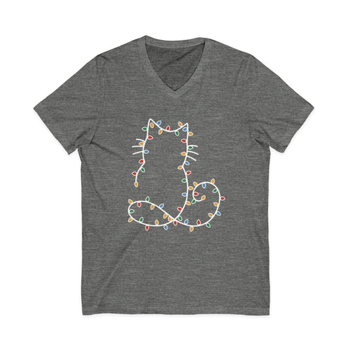 Cat Silhouette Wrapped in Christmas Lights V-Neck Tee