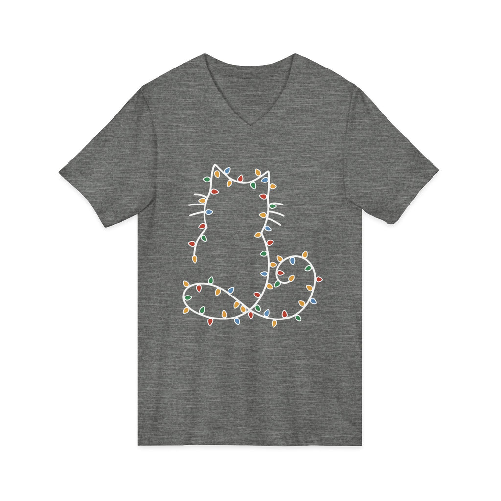 Cat Silhouette Wrapped in Christmas Lights V-Neck Tee