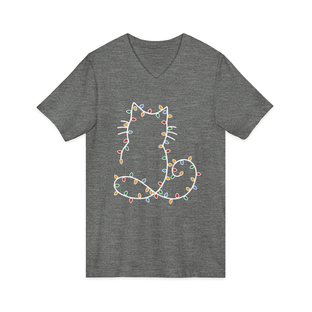 Cat Silhouette Wrapped in Christmas Lights V-Neck Tee